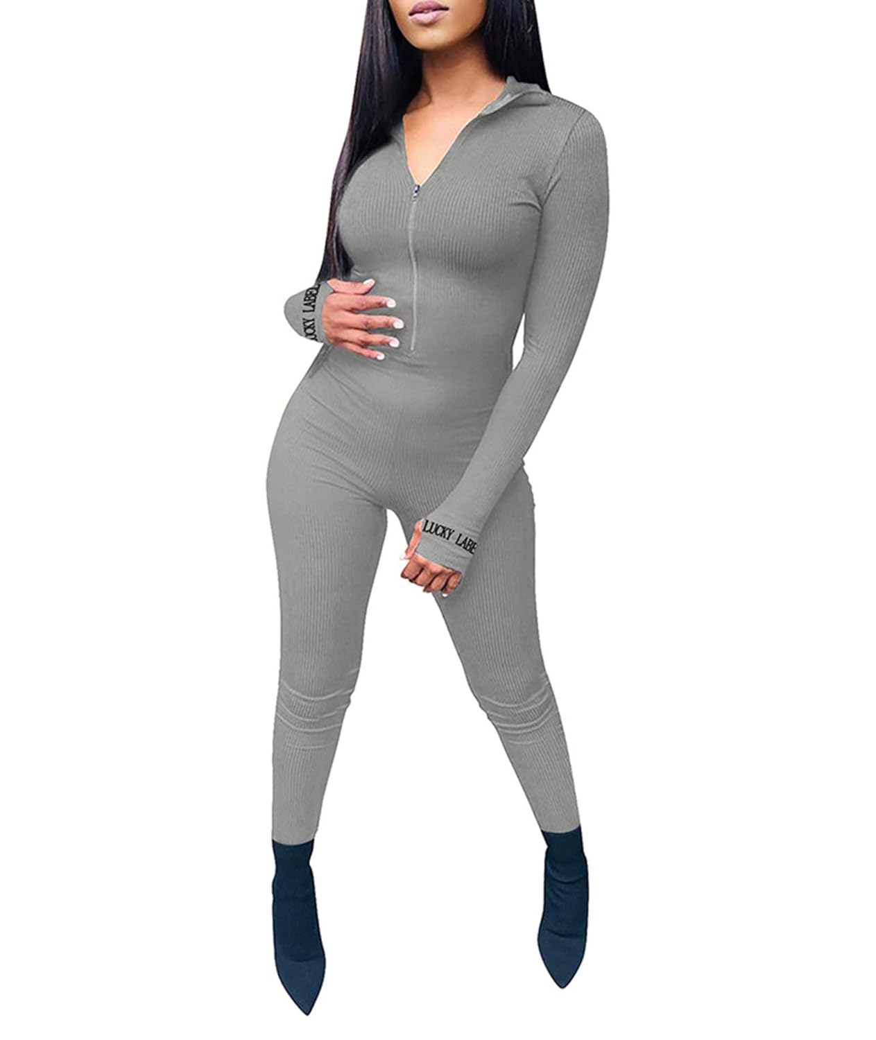 Buy SEMATOMALA Women's Lucky Label Bodycon Jumpsuit Zipper High Neck