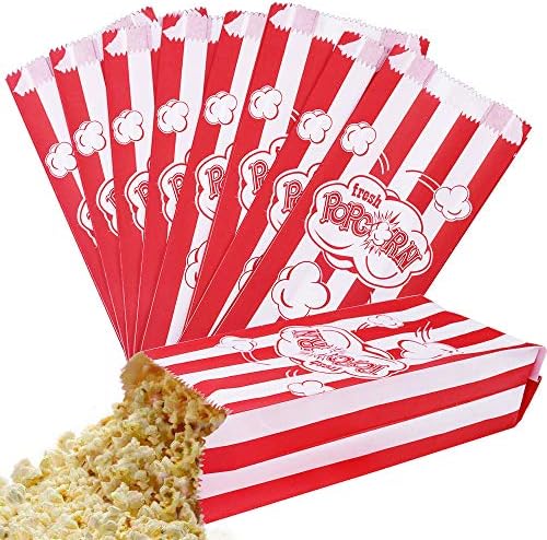 Tomkity 150 Pieces Paper Popcorn Bags Red & White Designed for Theater Party Carnival,1oz