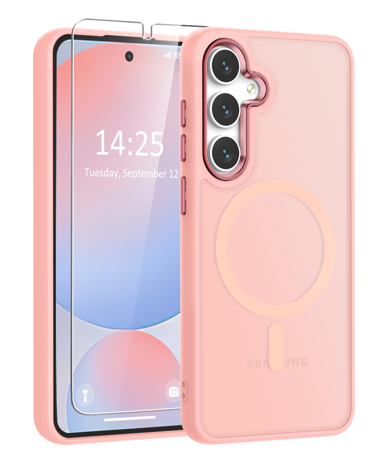 WRJ for Samsung Galaxy S24 Plus Case with Screen Protector,[Compatible with Magsafe] Slim Matte Translucent Magnetic Women Men Shockproof Protective Cover-Pink
