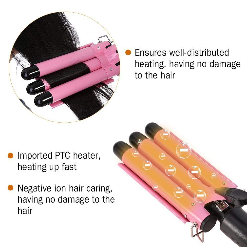 MODVICA 3 Barrel Curling Iron Wand 26mm Hair Waver Temperature Adjustable Ceramic Hair Curling Iron (Pink): Beauty