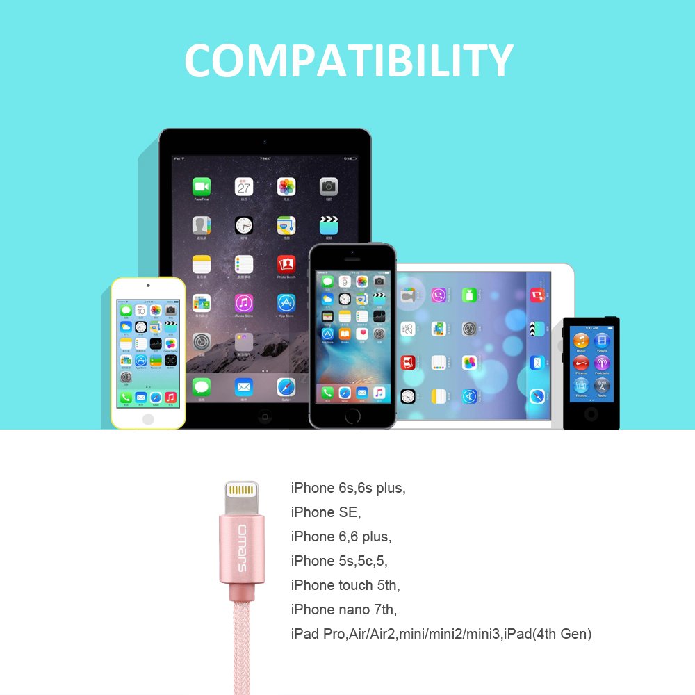 Cable Lightning vers USB en PET Ultra Durable [Certifié Apple MFi] OMARS 6ft / 1.8m Câble Synchronisation et Recharge pour iPhone 7 7 Plus 6 6S Plus SE 5 5S 5C iPad Air 2 iPad Mini