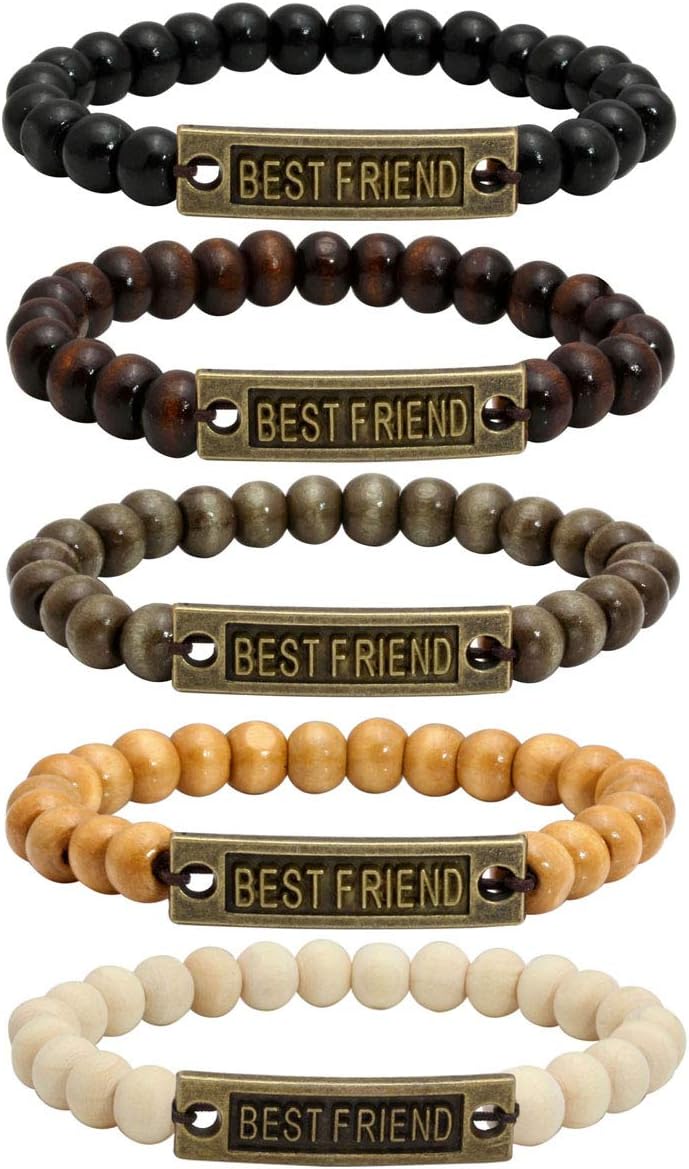 Eigso Natural Wooden Bracelet Beads for Women Men Elastic Stretchable Inspirational Engraving Metal