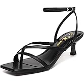 Athlefit Women's Strappy Kitten Heels Square Toe Flip Flops Low Heels Ankle Strap Party Dress Thong Heeled Sandals