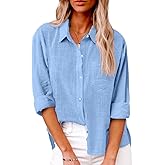 AKEFUN Womens Summer Linen Shirts Casual Button Down 2026 Long Sleeve Cotton Top Blouse Shirt with Pocket