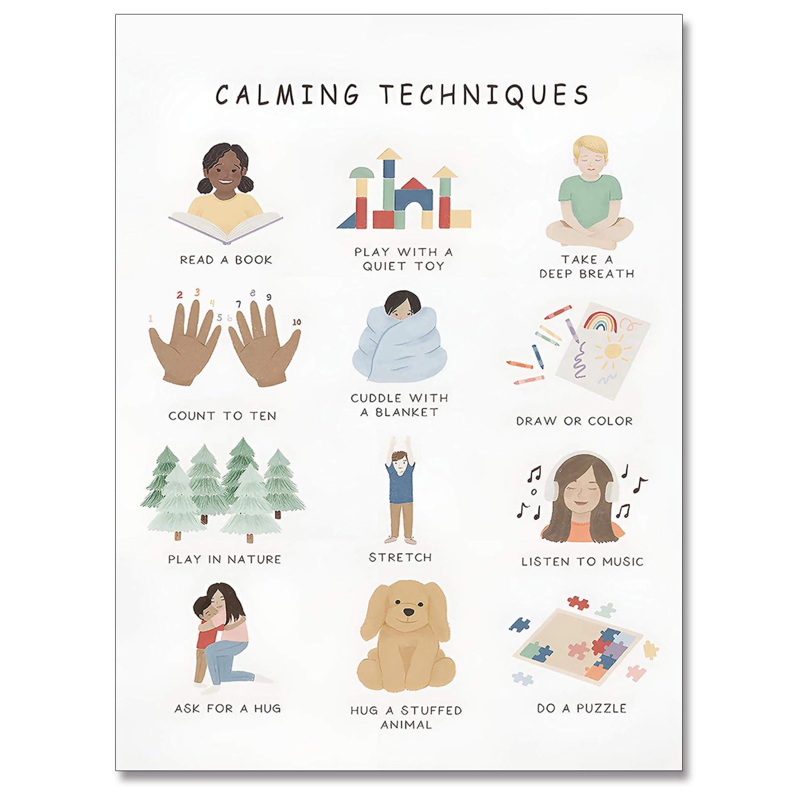 Photo 1 of Calming Techniques Poster Emotions Chart for Kids Mental Health Wall Art prints Coping Skills Calm Corner Classroom School Counselor Office Decor 12 x 16in Unframed