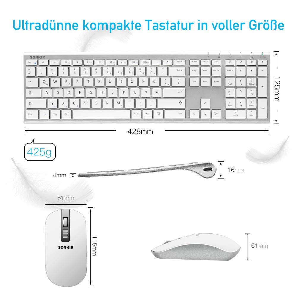 Sonkir Tastatur und Maus, K-18 2,4GHz ultradünne wiederaufladbare Aluminium-Tastatur in voller Größe für Windows, Laptop, PC, Notebook (Silber)