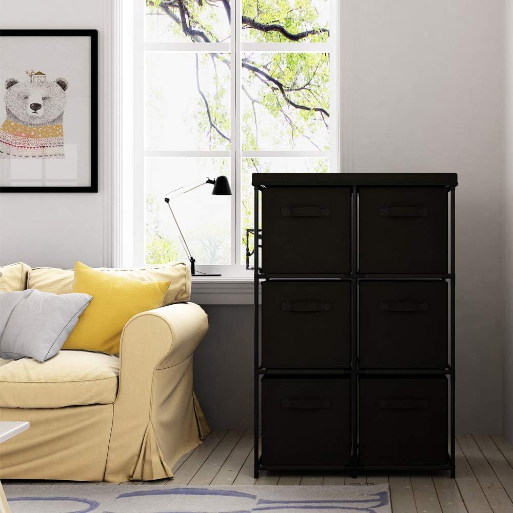Function Home 6 Drawer Storage Organizer, Fabric Chest Cabinet, 3 Tier Metal Shelves with 6 Non-Woven Collapsible Bins, Organizer Tower Unit for Storing Clothing Documents Books Towels in Black: Home & Kitchen