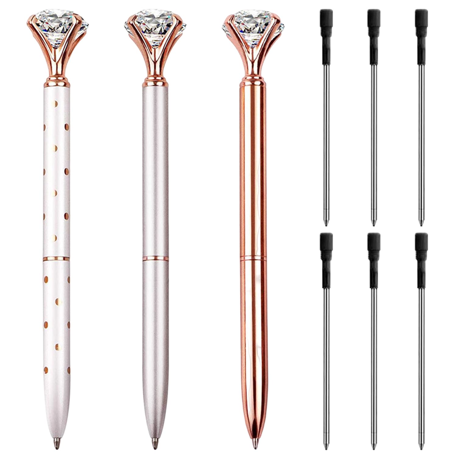 3PCS Crystal Diamond Pens with 6PCS Replacement Refills, Metal Ballpoint Pens, Rose Gold Ballpoint Pens for Women Colleagues Girls Gifts