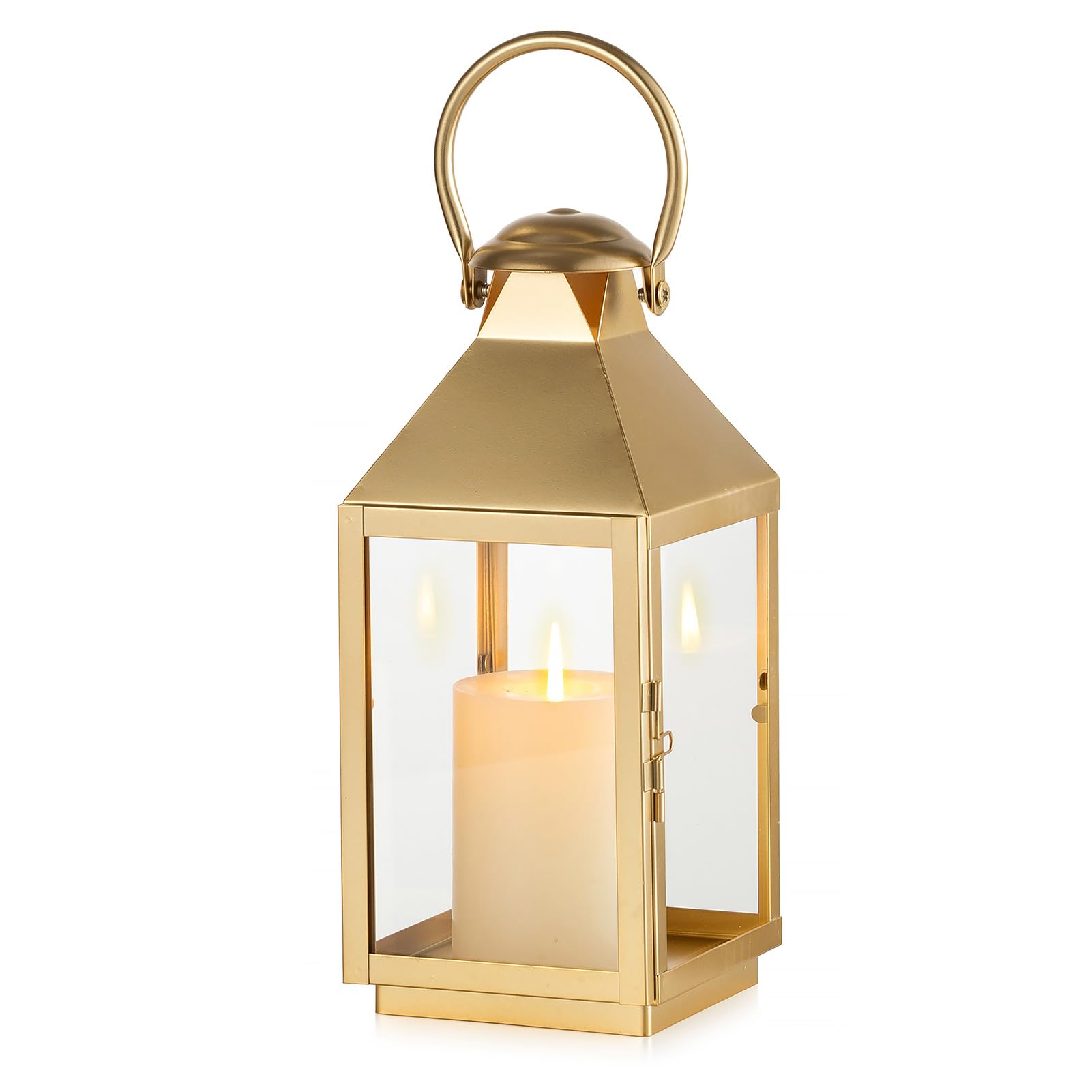 NUPTIO Gold Lanterns Decorative Indoor: 28.5cm Tall Metal Garden Lantern with Glass for Pillar Candle - Fireplace Decor for Christmas Home Living Room Mantle Porch Wedding Table