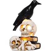 DERAYEE Halloween Decoration Skull LED Light, Raven on Zombie Skull Statue for Halloween Party and Home Decoration