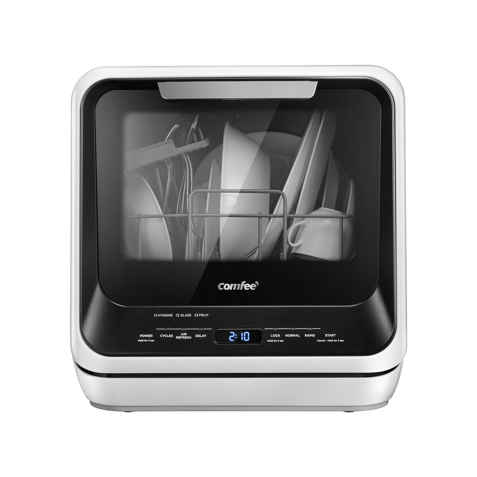 COMFEE' Portable Mini Dishwasher Countertop with 5L Built-in Water Tank for Apartments& RVs, No Hookup Needed, 6 Programs, 360° Dual Spray, 162℉ High-Temp& Air-Dry Function