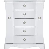 RR ROUND RICH DESIGN Jewelry Box - Made of Solid Wood with 4 Drawers Organizer and Built-in Necklace Carousel and Large Mirror White