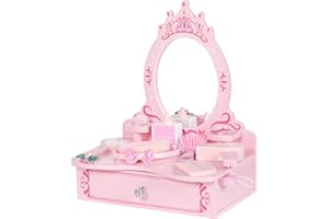 BRINJOY Wooden Vanity Set for Kids, Toddler Tabletop Beauty Salon Play Set w/Accessories & Drawer, Princess Makeup Pretend Play Vanity Table Toy with Crown Shaped Mirror for Little Girls Age 3-8