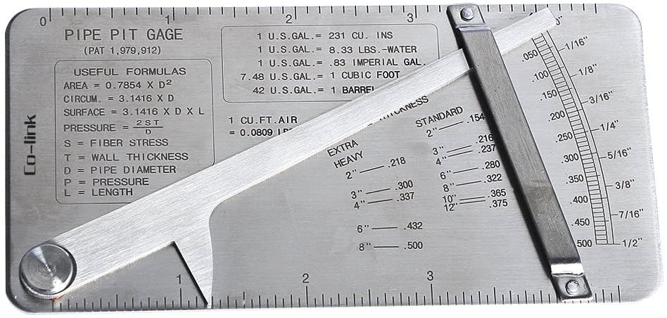 Co-link Stainless Steel Pipe Pit Gage Welding Gauge 0 to 1/2 in 1/64 & .020 Increments for Measuring Wall Thickness of Pipe or Plate by Co-link
