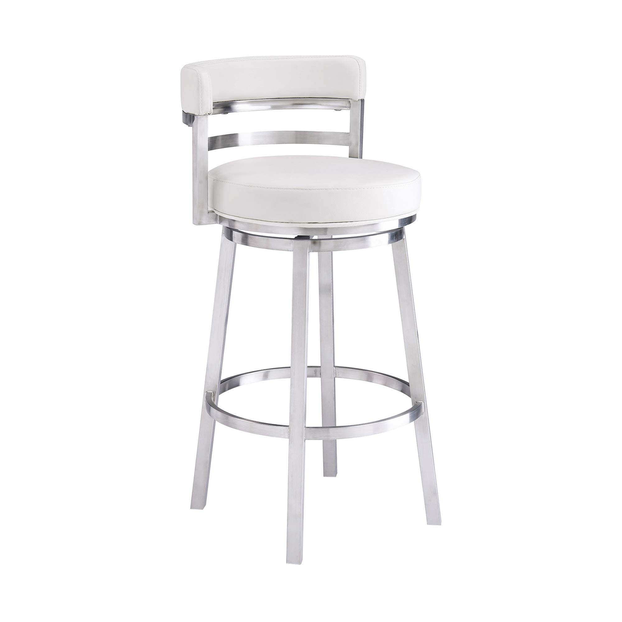 Photo 1 of Armen Living Titana 30" Bar Height Swivel White Faux Leather and Brushed Stainless Steel Bar Stool