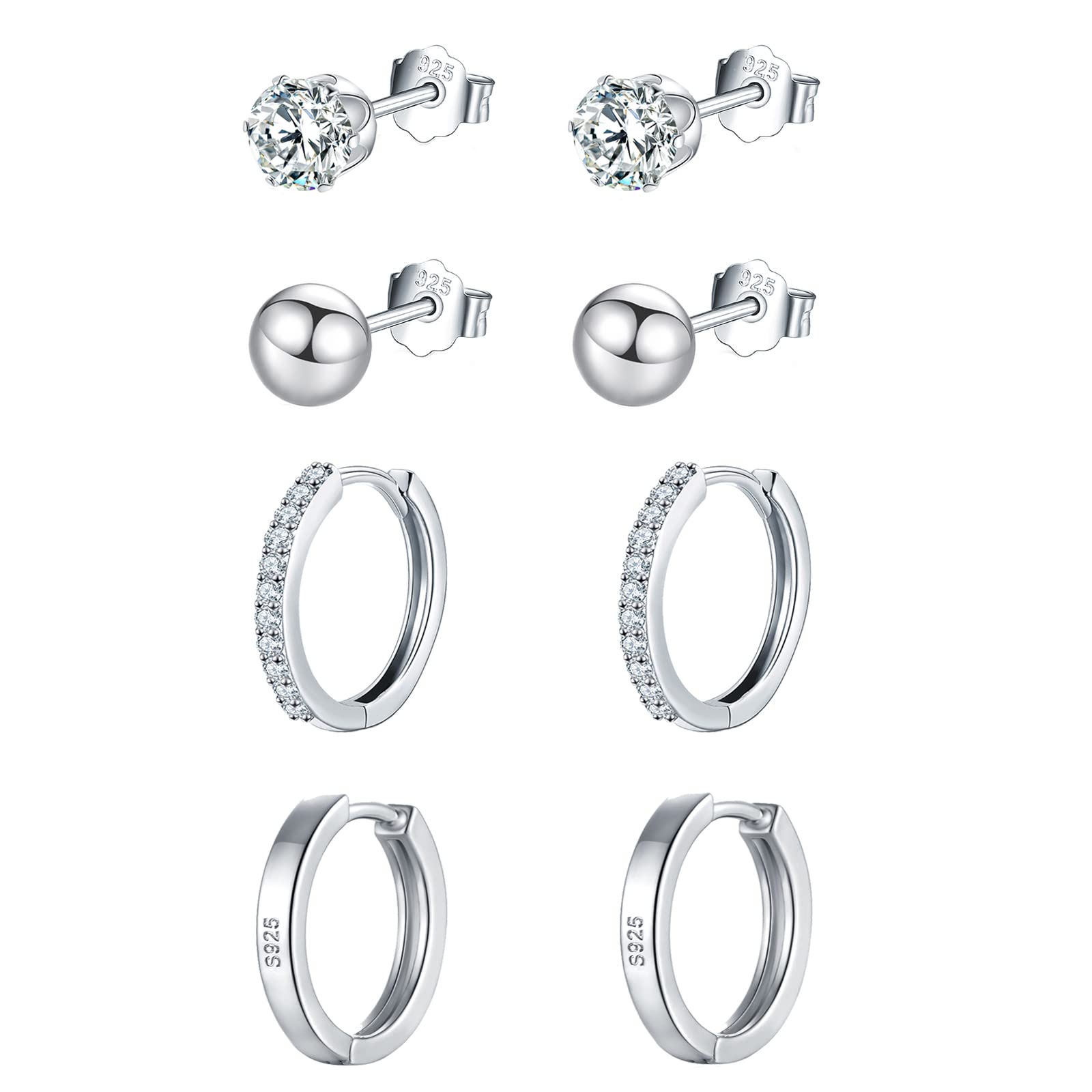 Wynn's Sterling Silver Stud & Hoop Earrings Set - 4 Pairs Small Cartilage Sleepers & Hoops, 4mm Studs & 12mm Hoops