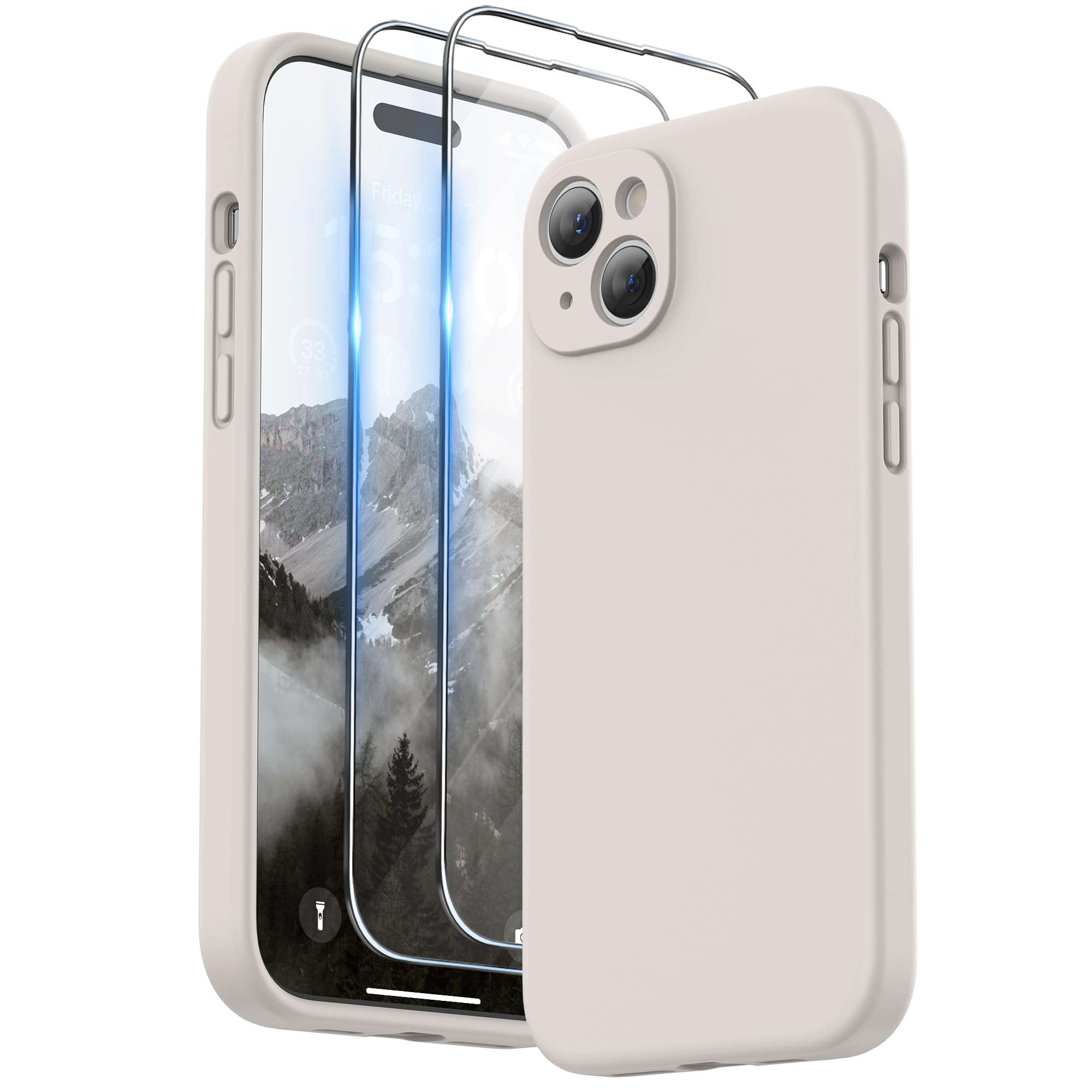 SURPHY Design for iPhone 15 Plus Case, Liquid Silicone Protection for Each Lens [2 x Screen Protectors & 1 x Lanyard] Shockproof Cover for iPhone 15 Plus 6.7 inch 2023, Stone — image 1