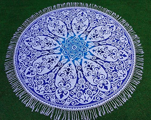 Round Mandala Indian Tapestry Beach Throw Blue Lotus Flower Towel Picnic Yoga 72 inches