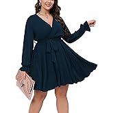 SCOMCHIC Women's Plus Size Long Sleeve Wrap V Neck Tie Waist A Line Mini Dress
