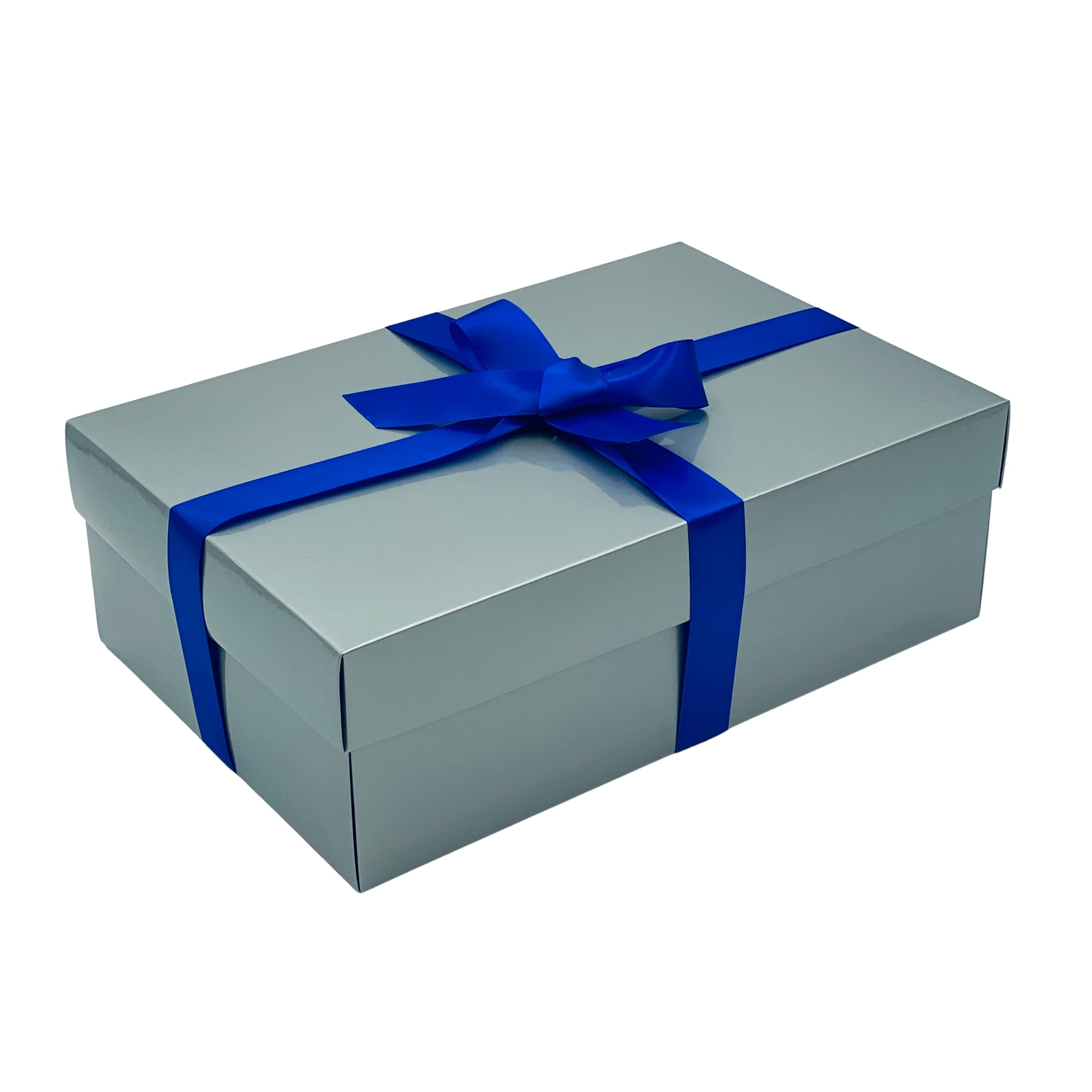 Silver Gift Box with Lid | Pick Your Ribbon Colour | Large Memory or Hamper Boxes | Flat-Packed Gift Boxes for Presents, Birthday or Baby Gifts | Size 30x20x10cm (Royal Blue Ribbon 75)