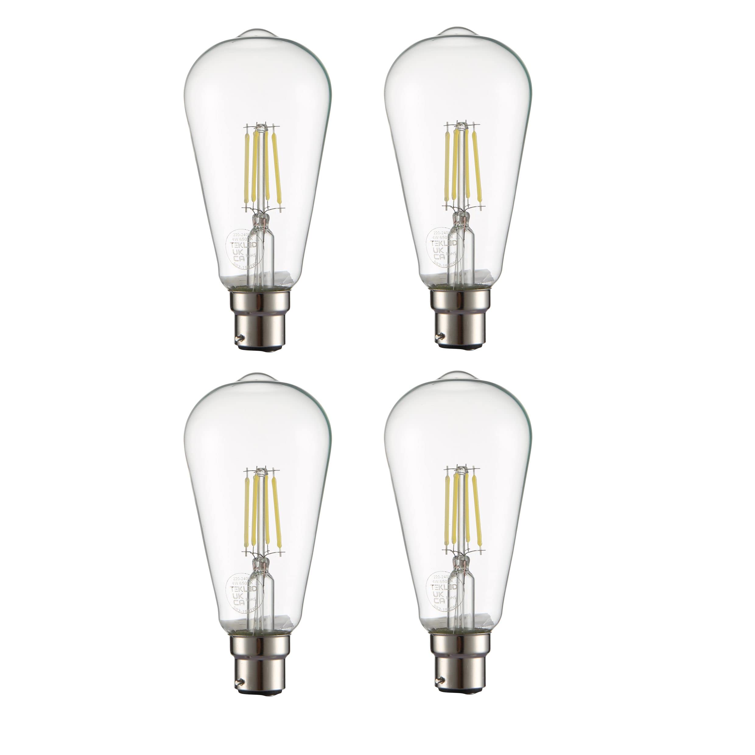 TEKLED® ST64 Filament Vintage LED Bulbs | B22 Bayonet Cap | Energy Saving 4W Light Bulb 40W Equivalent | NONDIMMABLE Clear 6500K 470LM | 4-Pack | Daylight