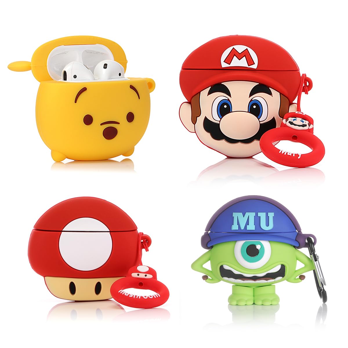 Photo 1 of (4Pack) Case for AirPods 2nd/1st Generation(2019/2016) Earbuds, XMBYGY Silicone Case Protective Cover with Cute Cartoon Skin Design for AirPods 1/2, with Carabiner (CTMrQ+RDWN+Mario+Mushroom)