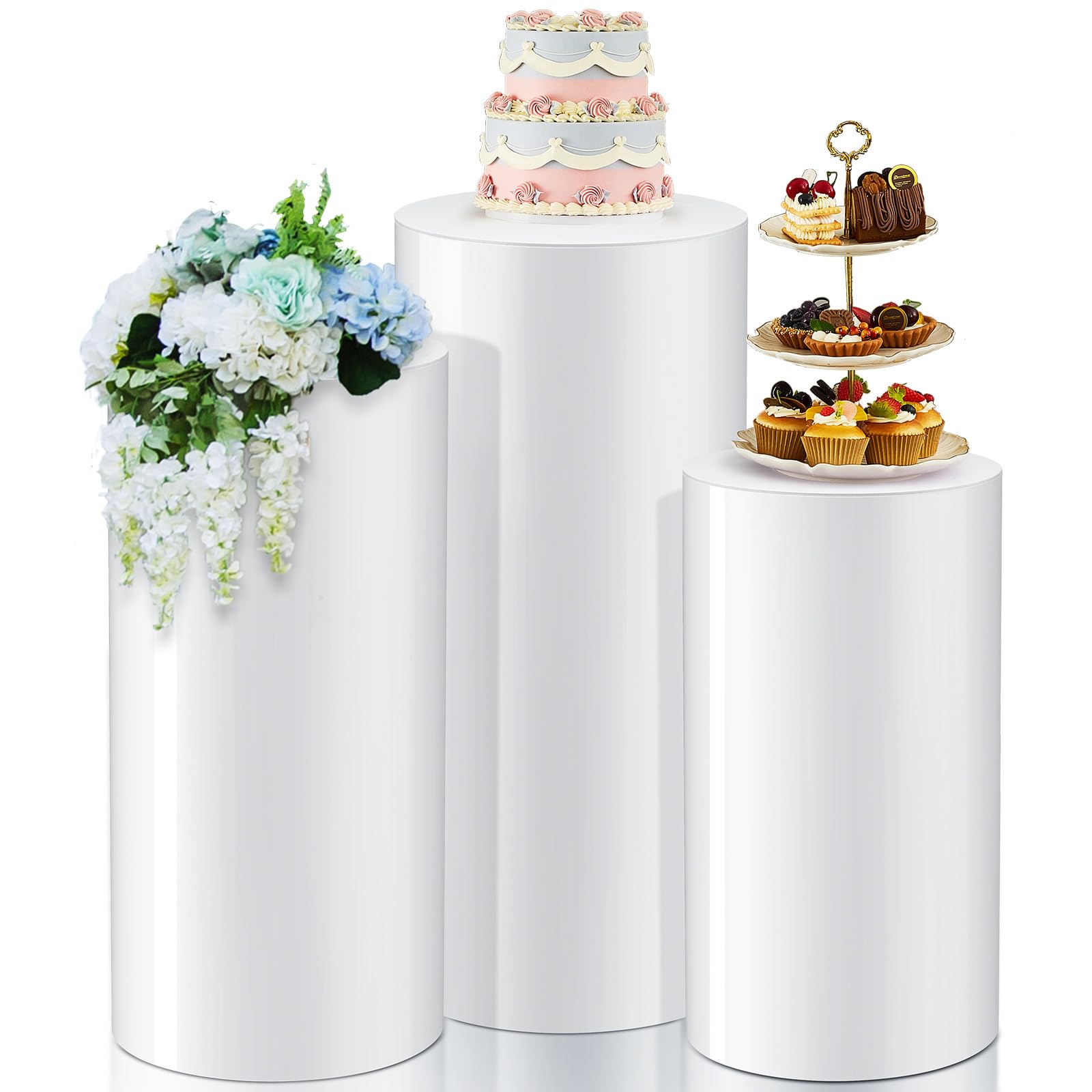 Photo 1 of Colingmill 3 Pcs Cylinder Stands for Party, Large White Cake Pedestal Stand, 35.4''H, 23.6''H, 19.7''H, Round Reusable Dessert Display Tables for Birthday Wedding Baby Shower Party Decoration