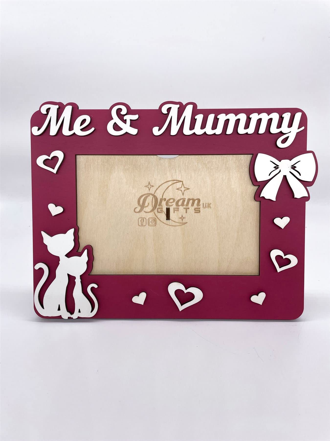Me & Mummy Baby Hand Made Wooden Photo Frame Gift for Tabletop or Wall - Cat/Hearts (Cherry)