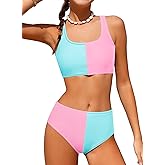 blibean Teen Girls Swimsuits Asymmetrical Colorblock Bikini Sets with Chest Pad Size 6-15 Years