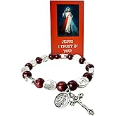 Westmon Works Divine Mercy Wood Bracelet Metal Cross and Medal with Holy Prayer Card