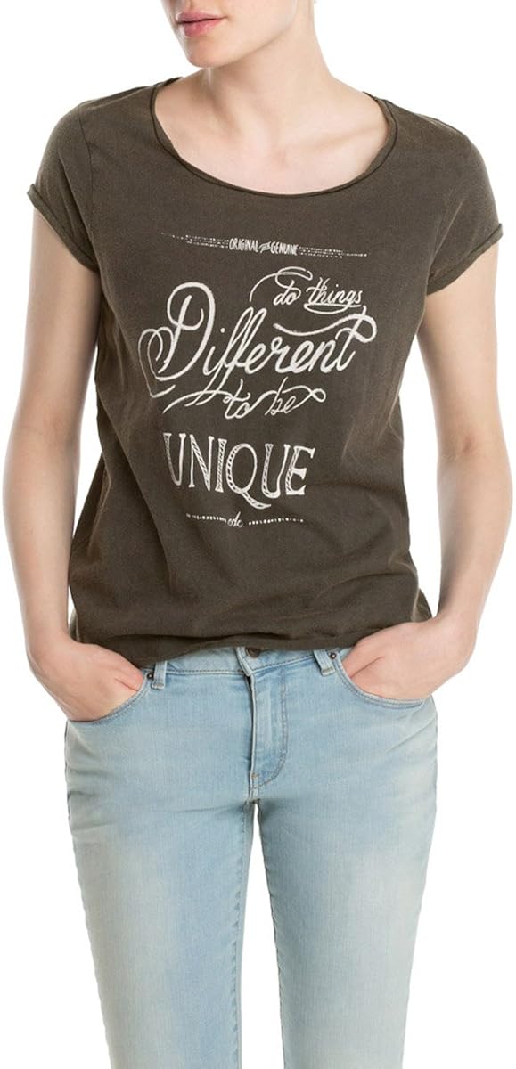 edc by ESPRIT Damen Schrift 054CC1K063 TShirt, Schwarz (Black 001), 42