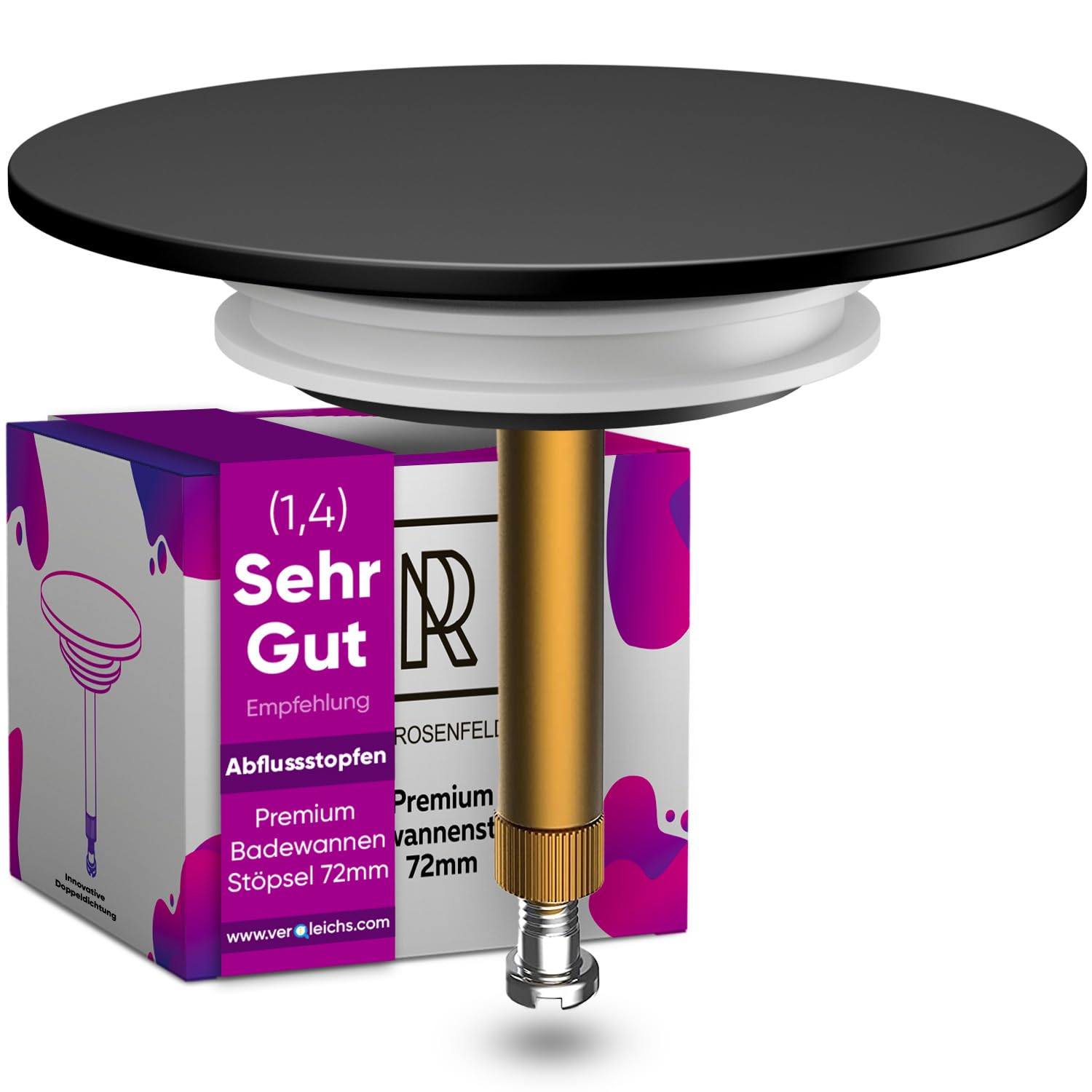 M. ROSENFELD HOME Premium Bath Plug 72 mm — For Standard Bathtub Flow With Innovative Double Seal — Brass Plug Bath Matt Black Finished, Stainless & Sealing