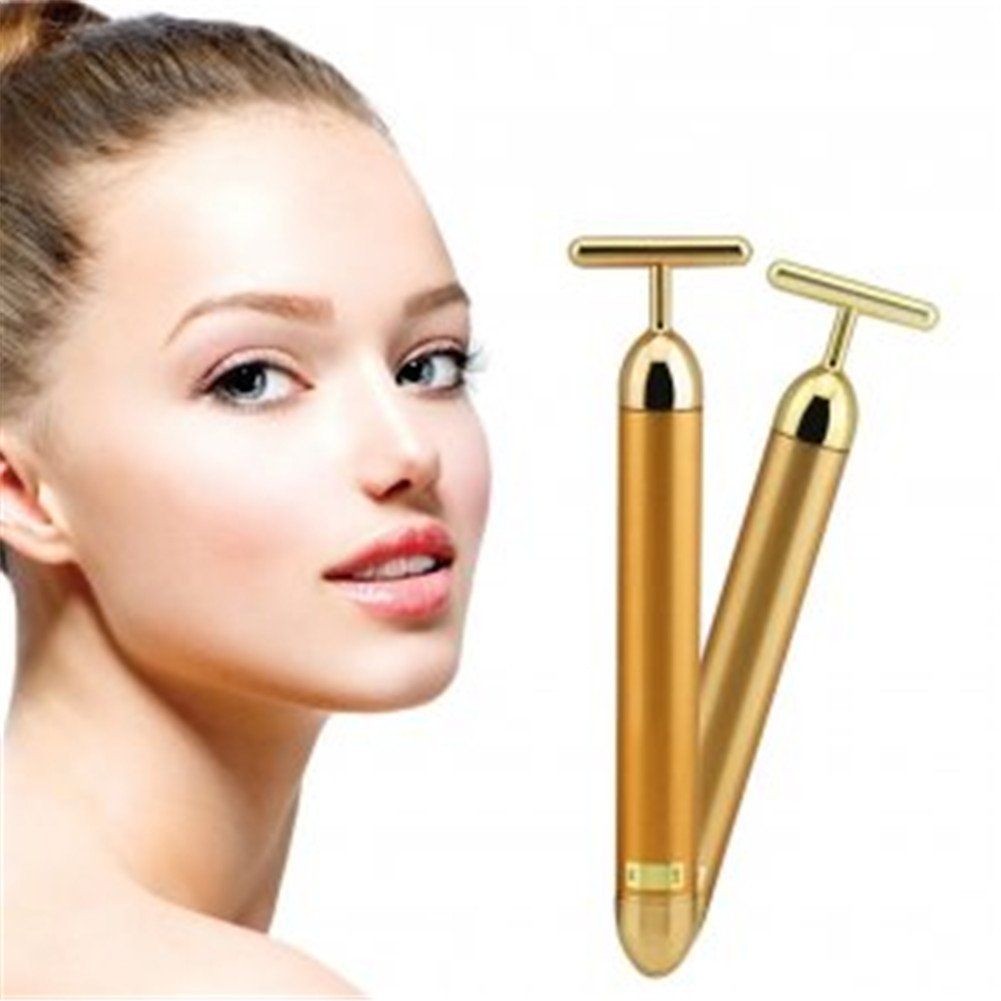 Zinnor Beauty Bar 24K Golden Pulse Waterproof T Shape Facial Roller Skin Care Beauty Massager Anti-Aging Face Massage Tools for Sensitive Skin Face Pull Tight Firming Lift (T Shape Facial Roller)