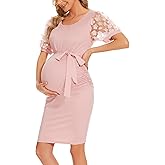 Floral Mesh Bishop Long Sleeve Maternity Midi Dress, Fall Maternity Bodycon Dress for Baby Shower