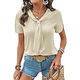 lluviacida Women's Tie Neck Blouse Short Sleeve Top Elegant Pullover Shirt with Split Sleeves for Office Work Date