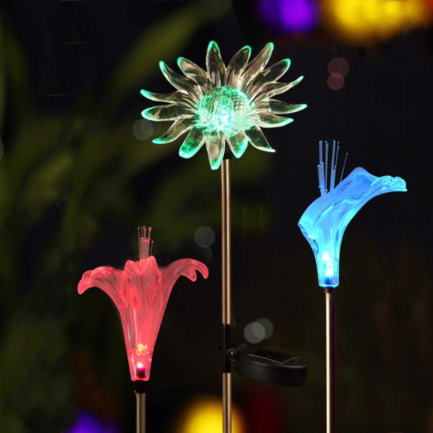 Solar Garden Decoration Lights - Voona 3-Pack Solar Color Changing LED Stake Lights Clear Fiber Lily, Fiber Calla Lily, Daisy Mixed for Outdoor Pathway Party Holiday Christmas