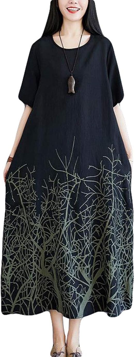 Amazon Ptorワンピース レディース 綿 麻 ゆったり ロングワンピース 半袖 プリント柄 おしゃれ マキシワンピース 夏 大きいサイズ ワンピ 森ガール ワンピース チュニック 通販