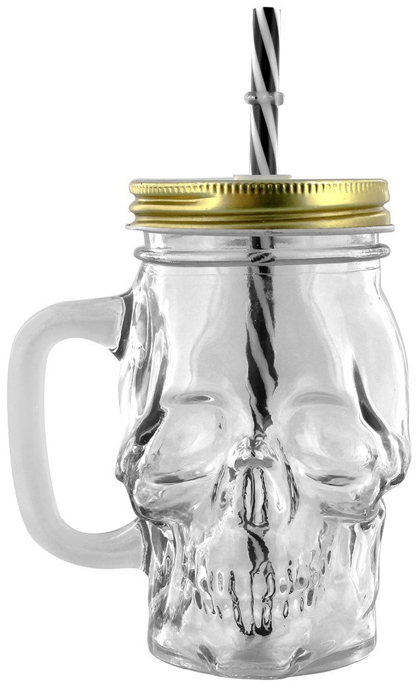 Puckator Skull Design Drinking Glass Jar with Reusable Straw and Metal Lid - Clear/Black/White/Metallic/Gold