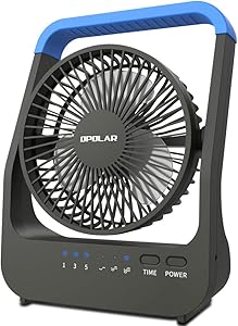 OPOLAR D-Cell Battery Operated Desk Fan with Timer, Portable Camping Cooling Fan with Strong Airflow, 4 D Batteries (Not Included) or USB Powered, 180° Rotation & 3 Speeds-Blue