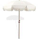 Seazul 6.5ft Patio Umbrella with Fringe, Beach Umbrella, Fringe Umbrella Outdoor Patio with Hanging Hook, Tilting Aluminum Pole, UV 50+, Fiberglass Ribs, Elegant Cream