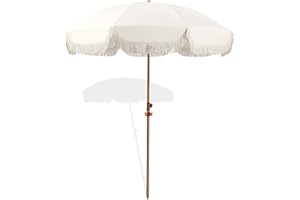 Seazul Patio Umbrella with Fringe, Beach Umbrella, Fringe Umbrella Outdoor Patio with Hanging Hook, Tilting Aluminum Pole, UV