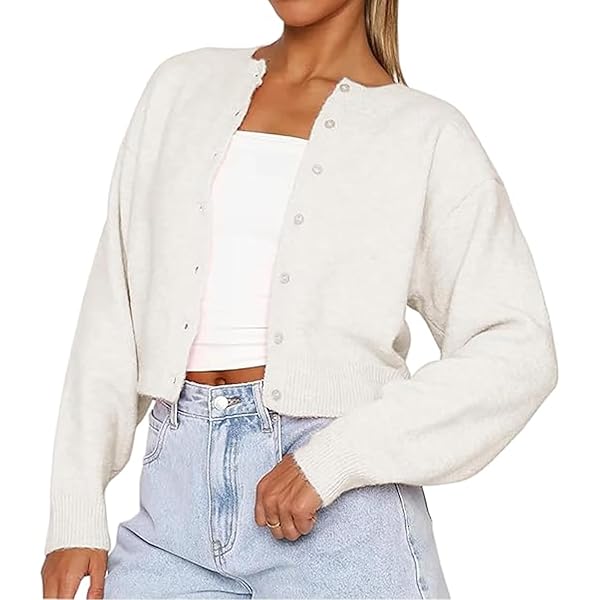 Women Y2K Button Front Crop Sweater Cardigan Solid Color Crew Neck