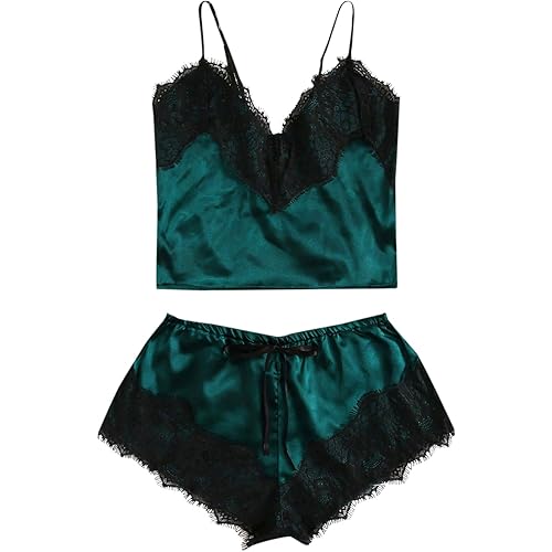 MAKEMECHIC Women's Lace Satin Sleepwear Cami Top and Shorts Pajama Set