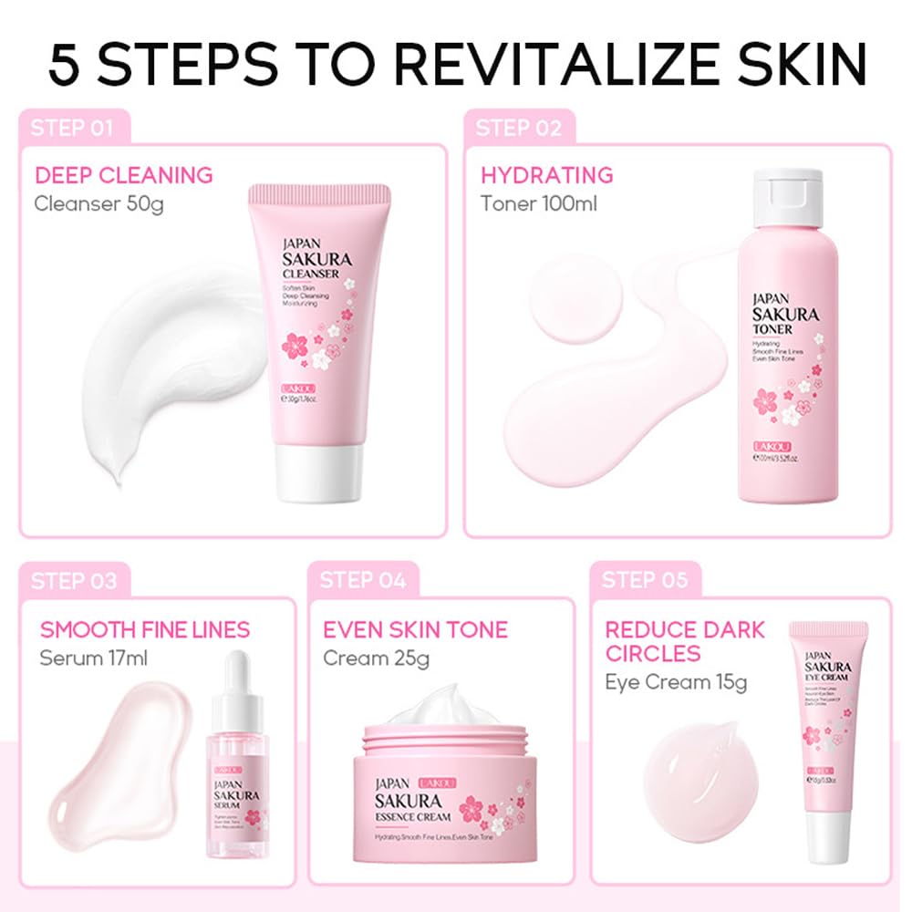 Sakura Skincare Kit for Teenage Girls Women, 5Pcs Skin Care Travel Present Set with Cleanser, Toner, Serum, Eye Cream, Face Cream