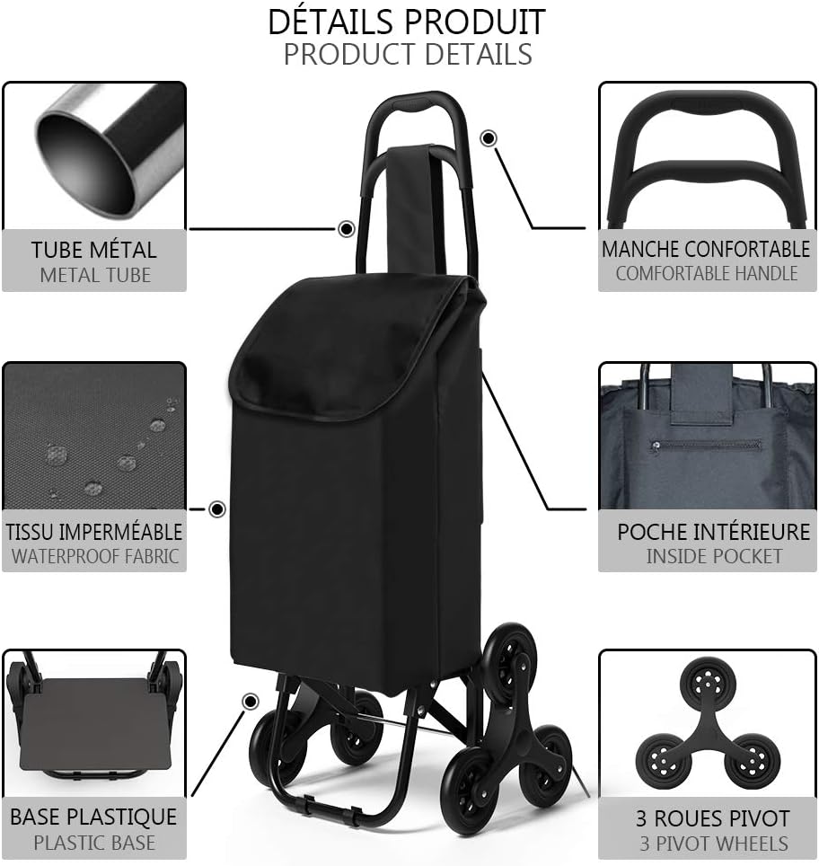 VOUNOT Folding Shopping Trolley on 6 Wheels, Stair Climbing Shopping Cart, Grocery Trolley, Black, 2440975908964 - Image 3