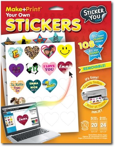 StickerYou Make+Print Heart 1.75" and Star 1.5" Glossy Stickers (Pack of 108 stickers)