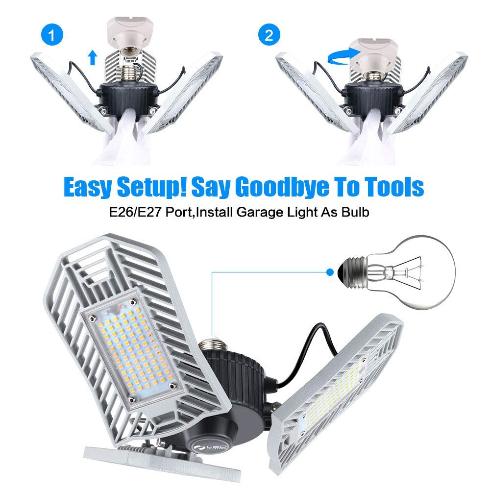 LED Garage Lights, Deformable Led Garage Ceiling Lights 6000 Lumens,Super Bright Led Shop Lights for Garage, Garage Lights with 3 Adjustable Panels, Utility Garage Lighting Led