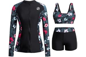 Holipick Long Sleeve Swimsuits for Women - 3 Piece Rash Guard with Shorts Zipper SPF Swim Shirt with Built in Bra