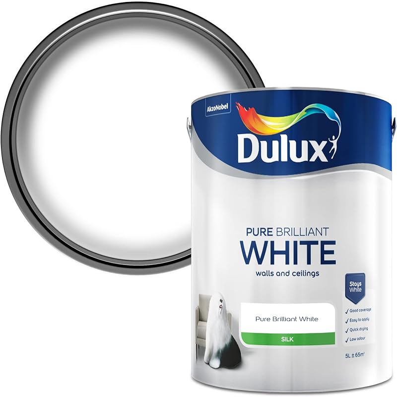 Dulux Silk Emulsion Paint Walls Ceilings Pure Brilliant White 5 Litres