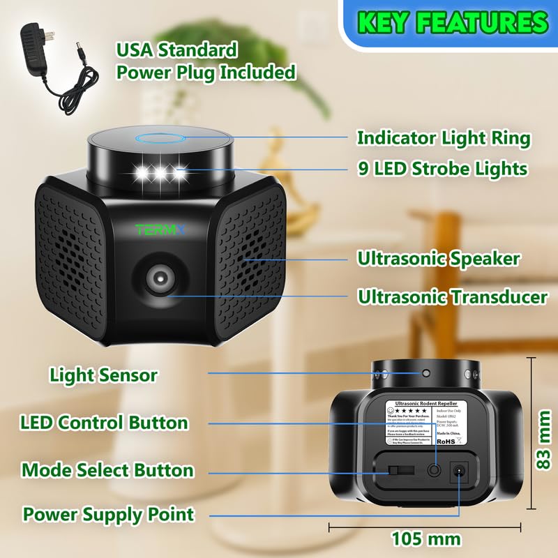TERMX Ultrasonic Pest Repellent Plug-in - High Frequency Ultrasonic Pest Repeller and Rodent Repeller for Bats, Squirrels, rats and Mice, Indoor Ultrasonic Pest Control for Attic, Garage, Hotel, RV